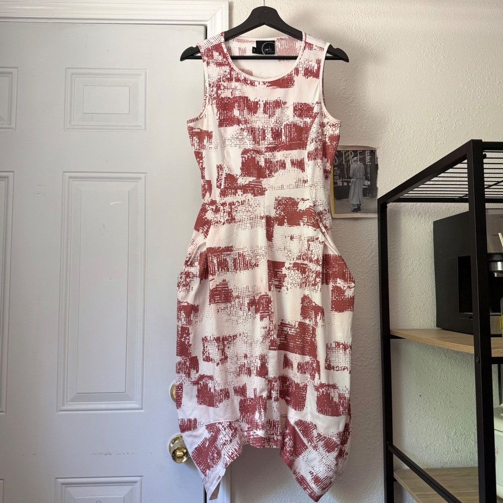 PORTO SF white rust printed sleeveless lagenlook balloon parachute midi dress - Picture 1 of 9